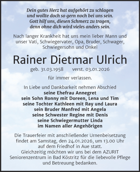 Traueranzeige von Rainer Dietmar Ulrich von Super Sonntag Naumburg/Nebra