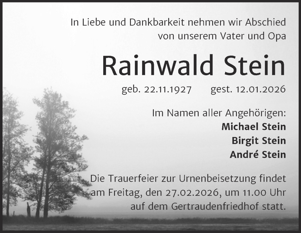  Traueranzeige für Rainwald Stein vom 24.01.2026 aus Mitteldeutsche Zeitung Halle/Saalkreis