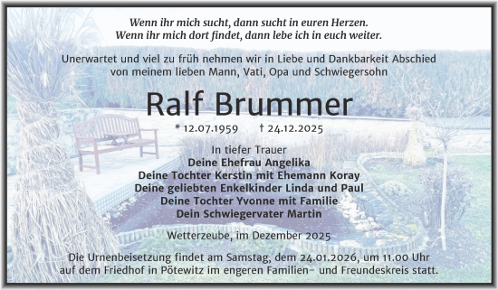 Traueranzeige von Ralf Brummer von Trauerkombi Zeitz