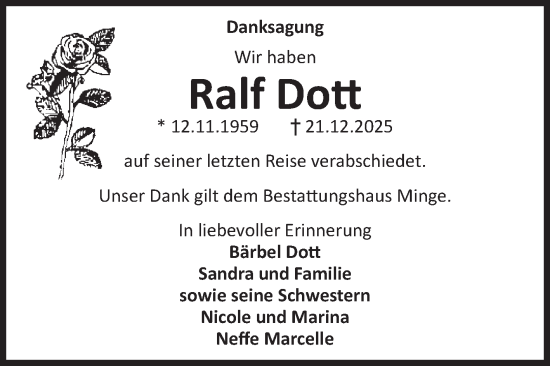 Traueranzeige von Ralf Dott von Volksstimme Burg/Genthin