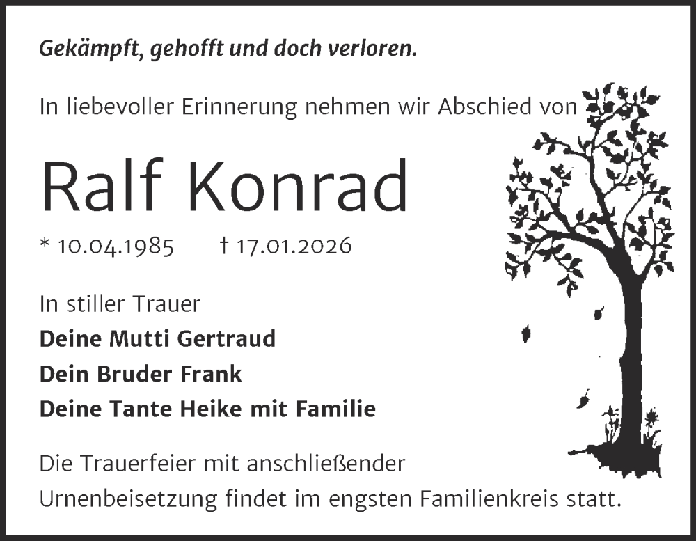  Traueranzeige für Ralf Konrad vom 31.01.2026 aus Trauerkombi Wittenberg