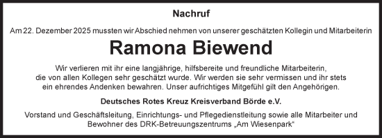 Traueranzeige von Ramona Biewend von Volksstimme Oschersleben/Wanzleben