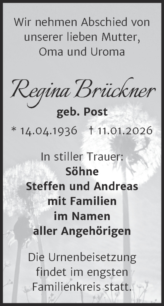 Traueranzeige von Regina Brückner von Trauerkombi Merseburg