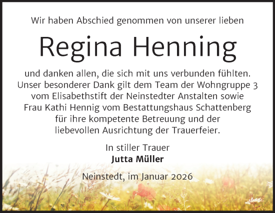Traueranzeige von Regina Henning von Trauerkombi Quedlinburg