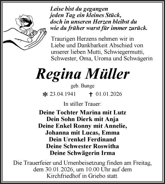 Traueranzeige von Regina Müller von Trauerkombi Wittenberg