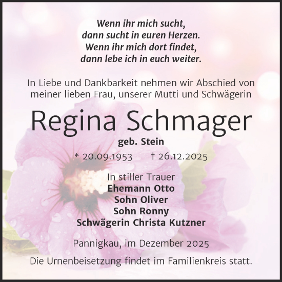 Traueranzeige von Regina Schmager von Trauerkombi Wittenberg