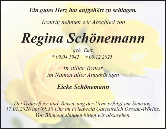 Traueranzeige von Regina Schönemann von Trauerkombi Dessau