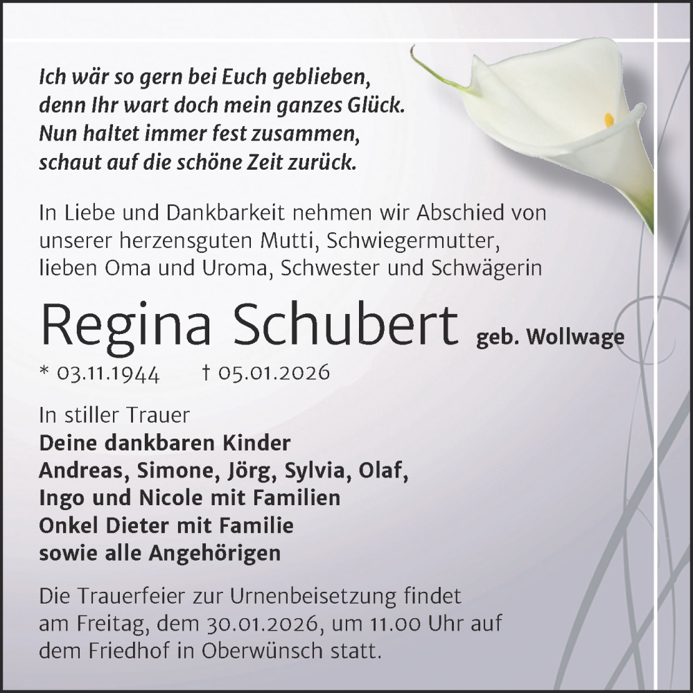 Traueranzeige für Regina Schubert vom 17.01.2026 aus Trauerkombi Merseburg
