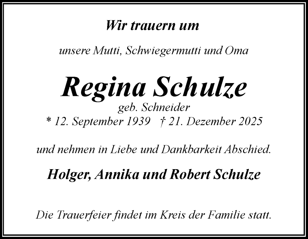  Traueranzeige für Regina Schulze vom 03.01.2026 aus Volksstimme Magdeburg
