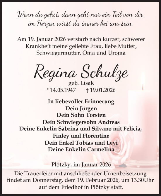 Traueranzeige von Regina Schulze von Volksstimme Schönebeck