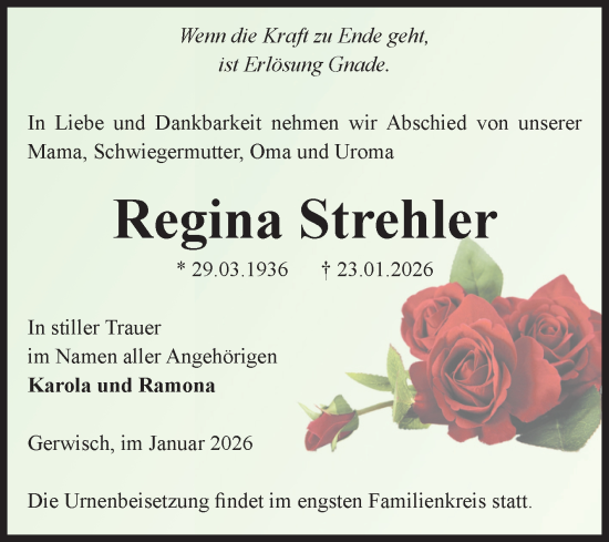 Traueranzeige von Regina Strehler von Volksstimme Burg/Genthin