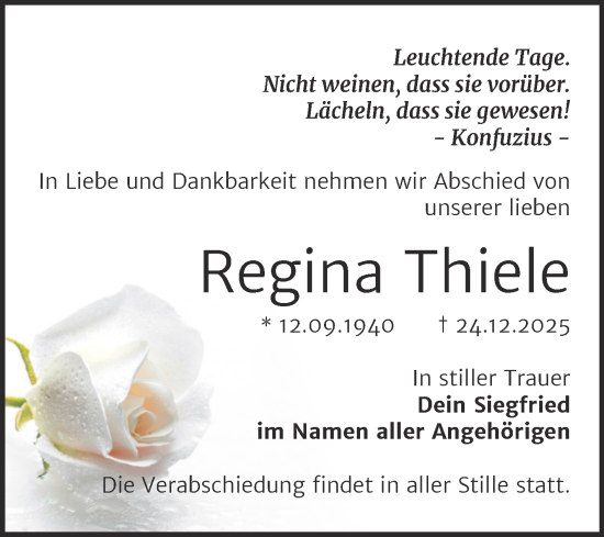 Traueranzeige von Regina Thiele von Trauerkombi Sangerhausen