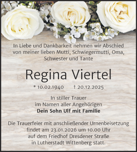 Traueranzeige von Regina Viertel von Trauerkombi Wittenberg