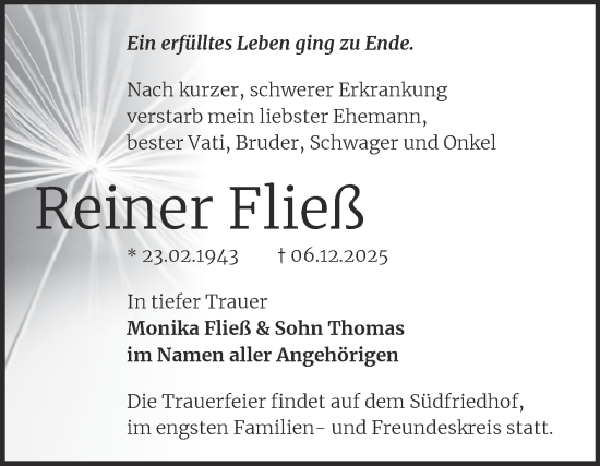 Traueranzeige von Reiner Fließ von Mitteldeutsche Zeitung Halle/Saalkreis