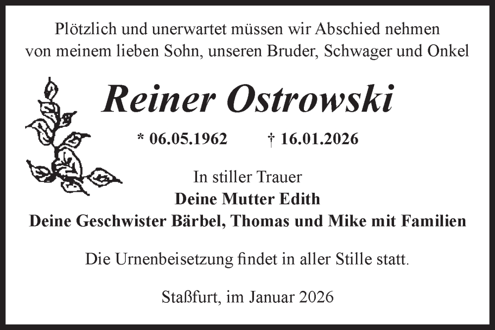  Traueranzeige für Reiner Ostrowski vom 24.01.2026 aus Volksstimme Staßfurt