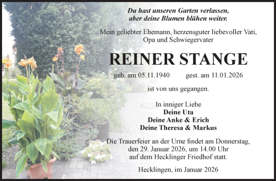 Traueranzeige von Reiner Stange von Volksstimme Staßfurt