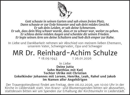 Traueranzeige von Reinhard-Achim Schulze von Trauerkombi Merseburg