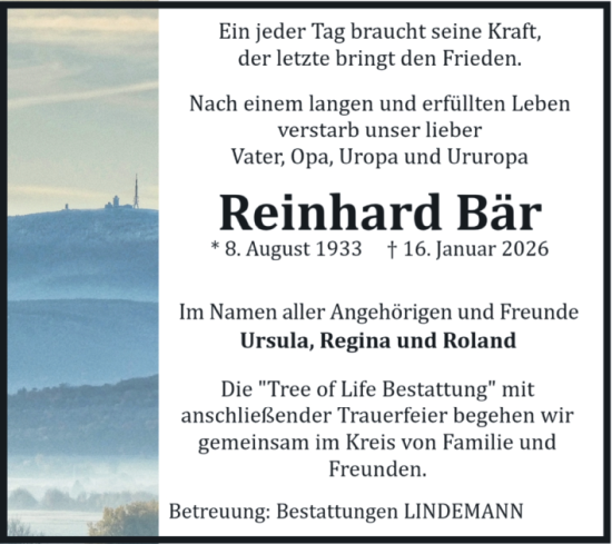 Traueranzeige von Reinhard Bär von Volksstimme Wernigerode