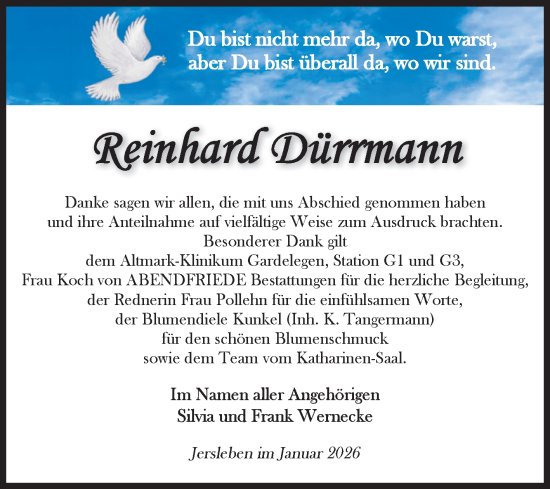 Traueranzeige von Reinhard Dürrmann von Volksstimme Haldensleben/Wolmirstedt