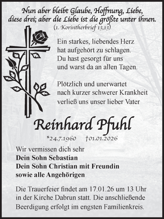Traueranzeige von Reinhard Pfuhl von Trauerkombi Wittenberg