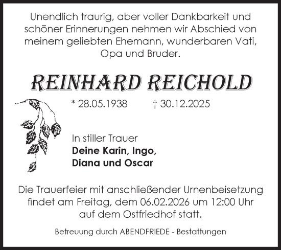 Traueranzeige von Reinhard Reichold von Volksstimme Magdeburg