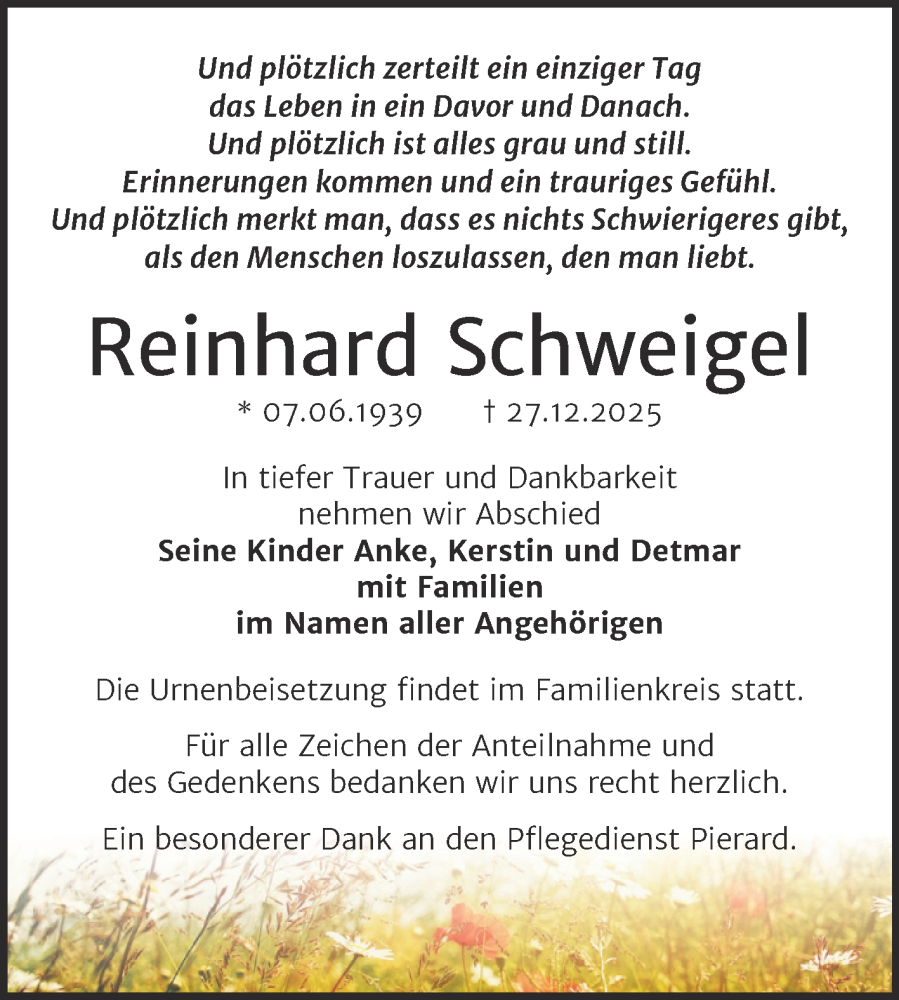  Traueranzeige für Reinhard Schweigel vom 17.01.2026 aus Super Sonntag Naumburg/Nebra