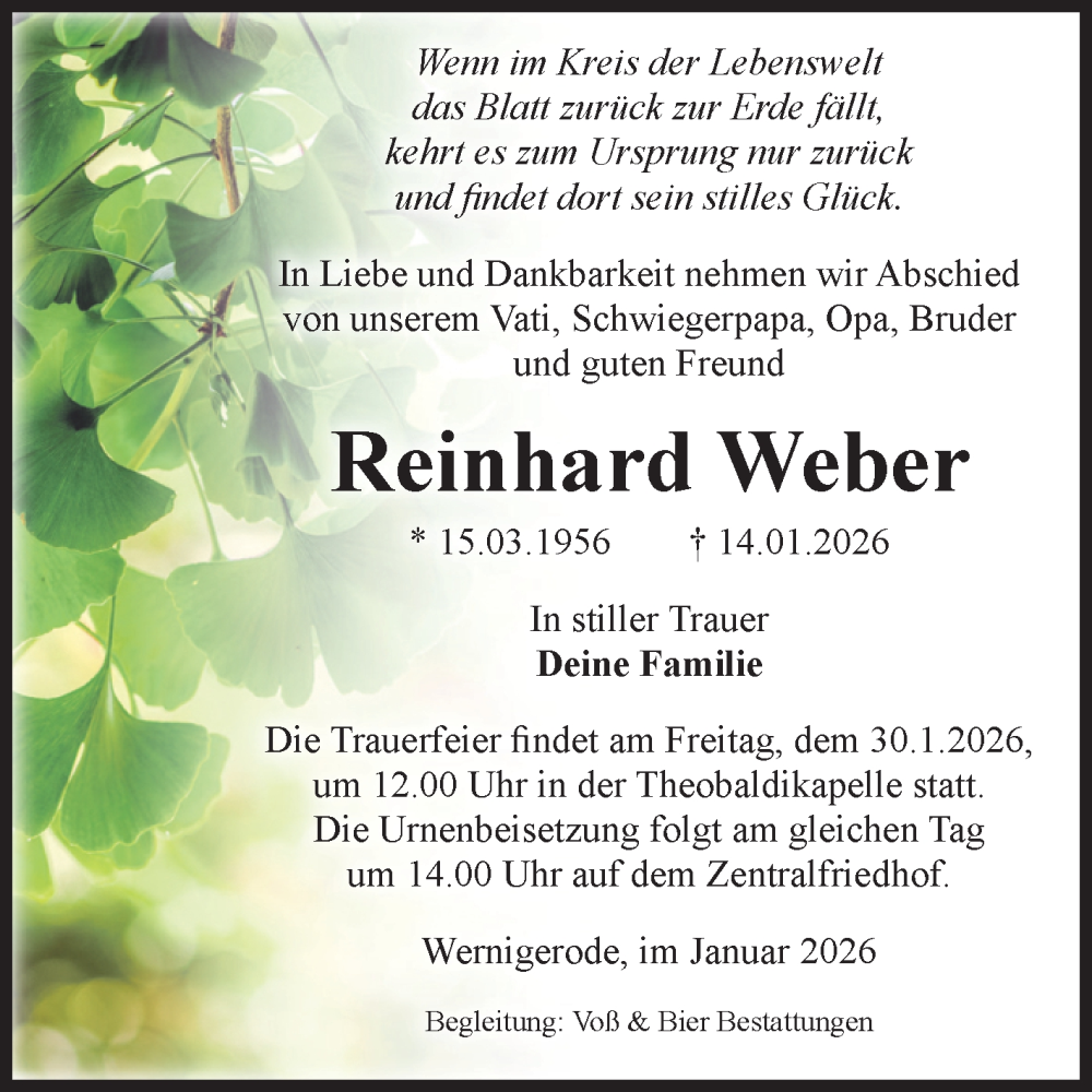  Traueranzeige für Reinhard Weber vom 24.01.2026 aus Volksstimme Wernigerode