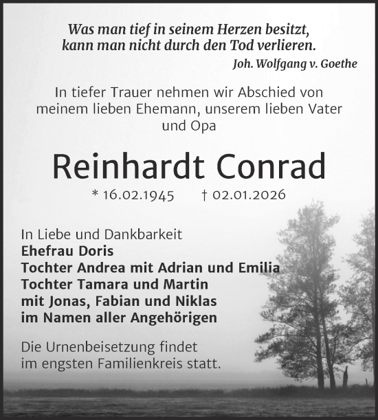Traueranzeige von Reinhardt Conrad von Trauerkombi Mansfelder Land