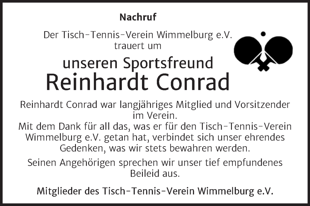  Traueranzeige für Reinhardt Conrad vom 31.01.2026 aus Trauerkombi Mansfelder Land