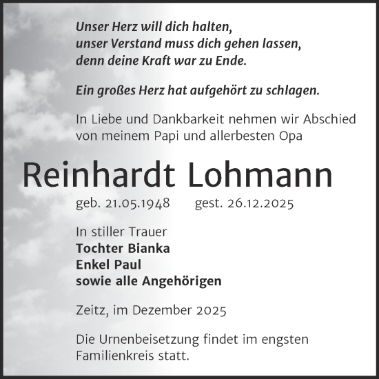 Traueranzeige von Reinhardt Lohmann von Trauerkombi Zeitz