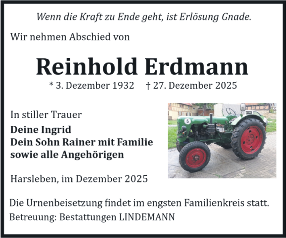  Traueranzeige für Reinhold Erdmann vom 03.01.2026 aus Volksstimme Halberstadt