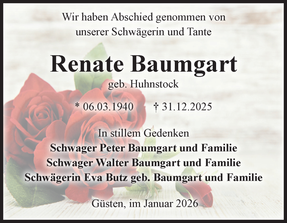  Traueranzeige für Renate Baumgart vom 31.01.2026 aus 