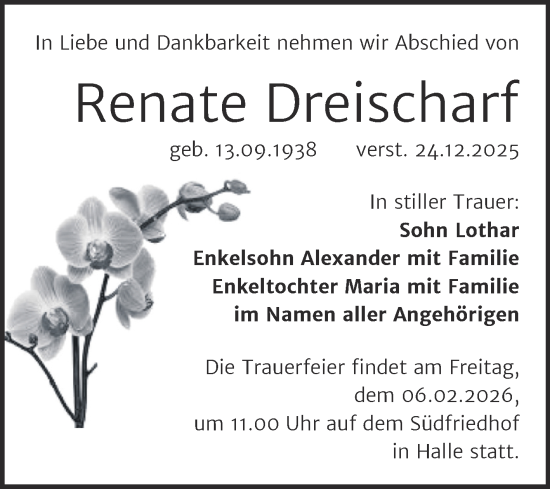 Traueranzeige von Renate Dreischarf von Mitteldeutsche Zeitung Halle/Saalkreis