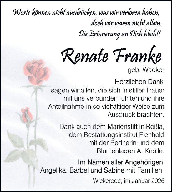 Traueranzeige von Renate Franke von Trauerkombi Sangerhausen