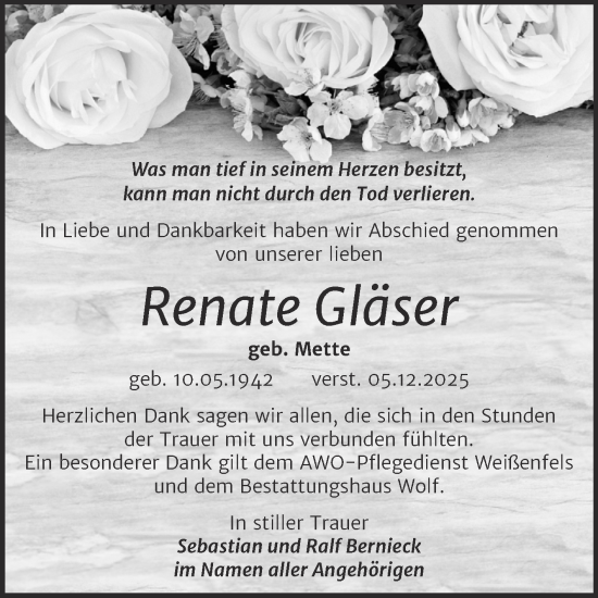 Traueranzeige von Renate Gläser von Trauerkombi Weißenfels