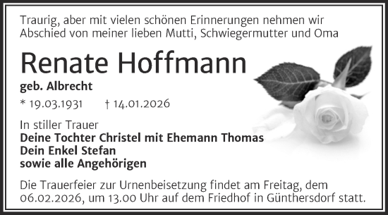 Traueranzeige von Renate Hoffmann von Trauerkombi Merseburg