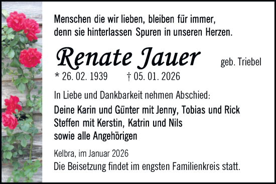 Traueranzeige von Renate Jaue von Trauerkombi Sangerhausen