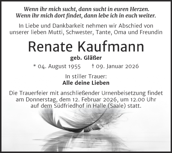 Traueranzeige von Renate Kaufmann von Mitteldeutsche Zeitung Halle/Saalkreis