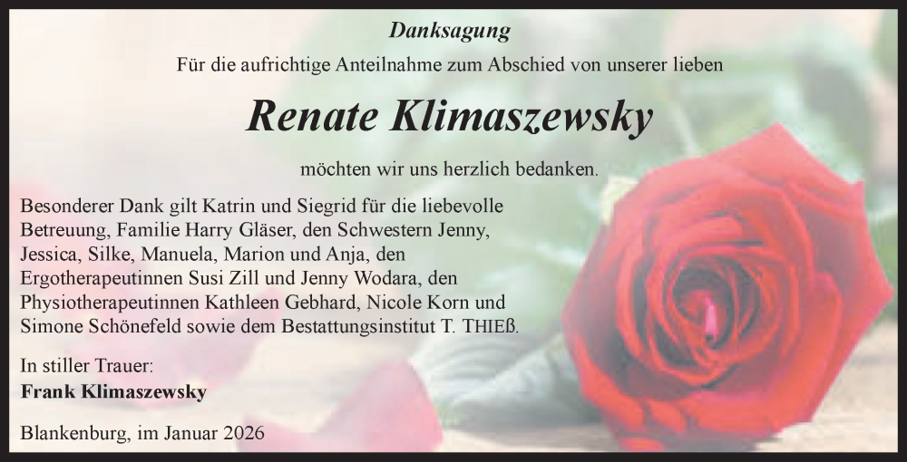  Traueranzeige für Renate Klimaszewsky vom 17.01.2026 aus Volksstimme Wernigerode