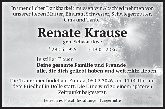 Traueranzeige von Renate Krause von Volksstimme Haldensleben/Wolmirstedt