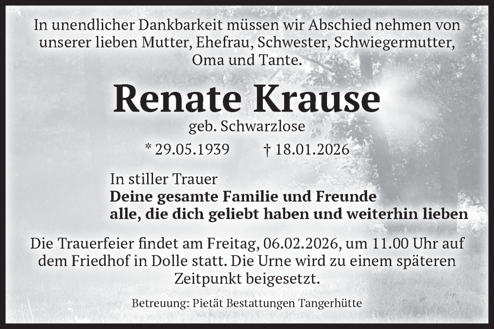  Traueranzeige für Renate Krause vom 31.01.2026 aus Volksstimme Haldensleben/Wolmirstedt