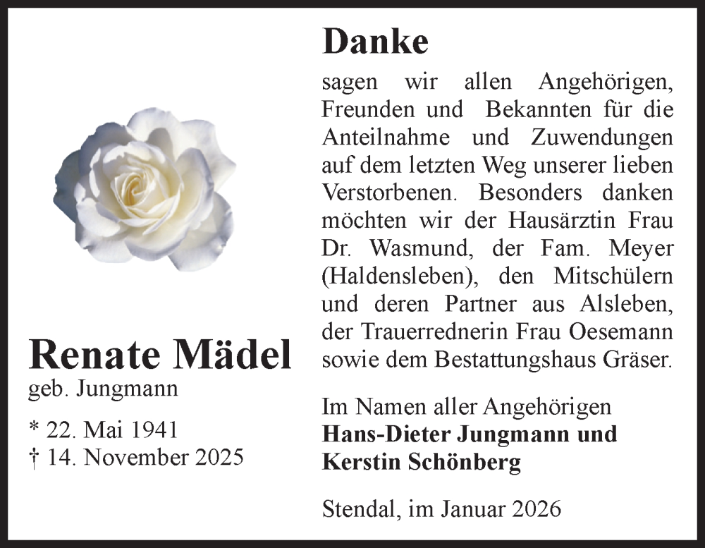  Traueranzeige für Renate Mädel vom 10.01.2026 aus Volksstimme Altmark Ost