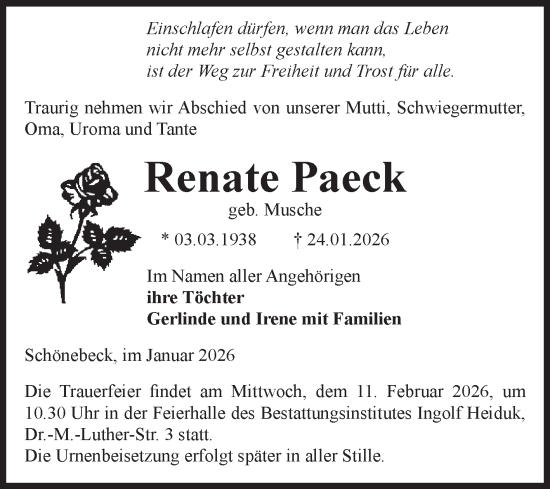 Traueranzeige von Renate Paeck von Volksstimme Schönebeck
