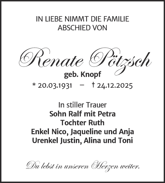 Traueranzeige von Renate Pötzsch von Trauerkombi Wittenberg