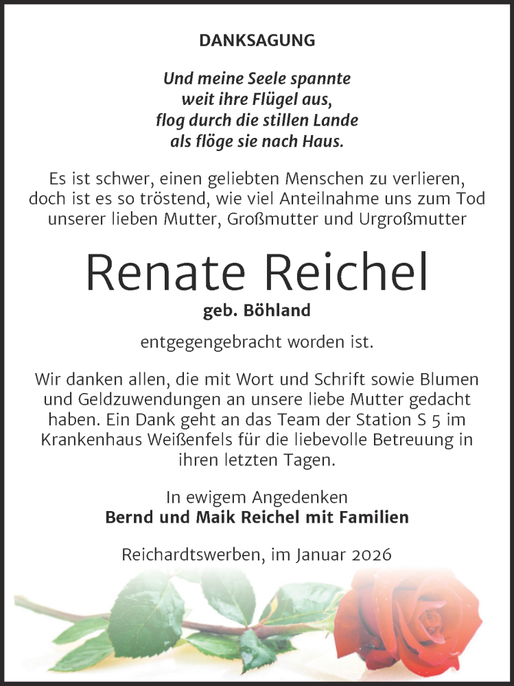  Traueranzeige für Renate Reichel vom 24.01.2026 aus Trauerkombi Weißenfels