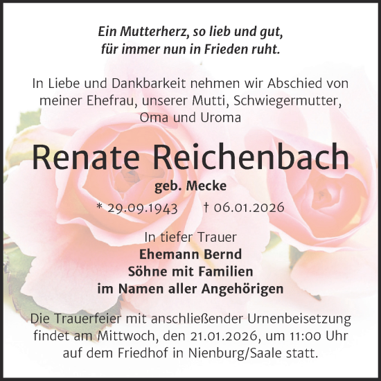 Traueranzeige von Renate Reichenbach von Trauerkombi Bernburg