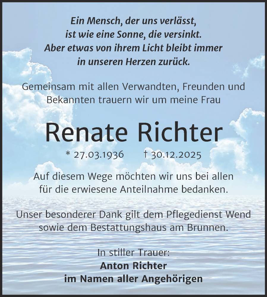  Traueranzeige für Renate Richter vom 17.01.2026 aus Trauerkombi Mansfelder Land