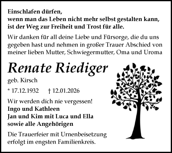 Traueranzeige von Renate Riediger von Trauerkombi Bitterfeld