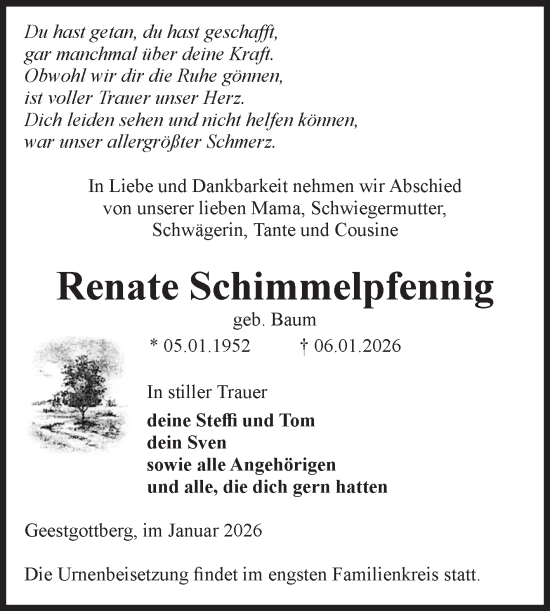 Traueranzeige von Renate Schimmelpfennig von Volksstimme Altmark Ost