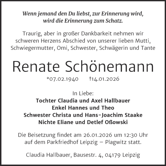 Traueranzeige von Renate Schönemann von Trauerkombi Bernburg